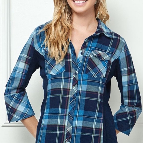 Ci Sono Plaid NORI Blue Plaid Button Down Shirt Nwt - Picture 3 of 12